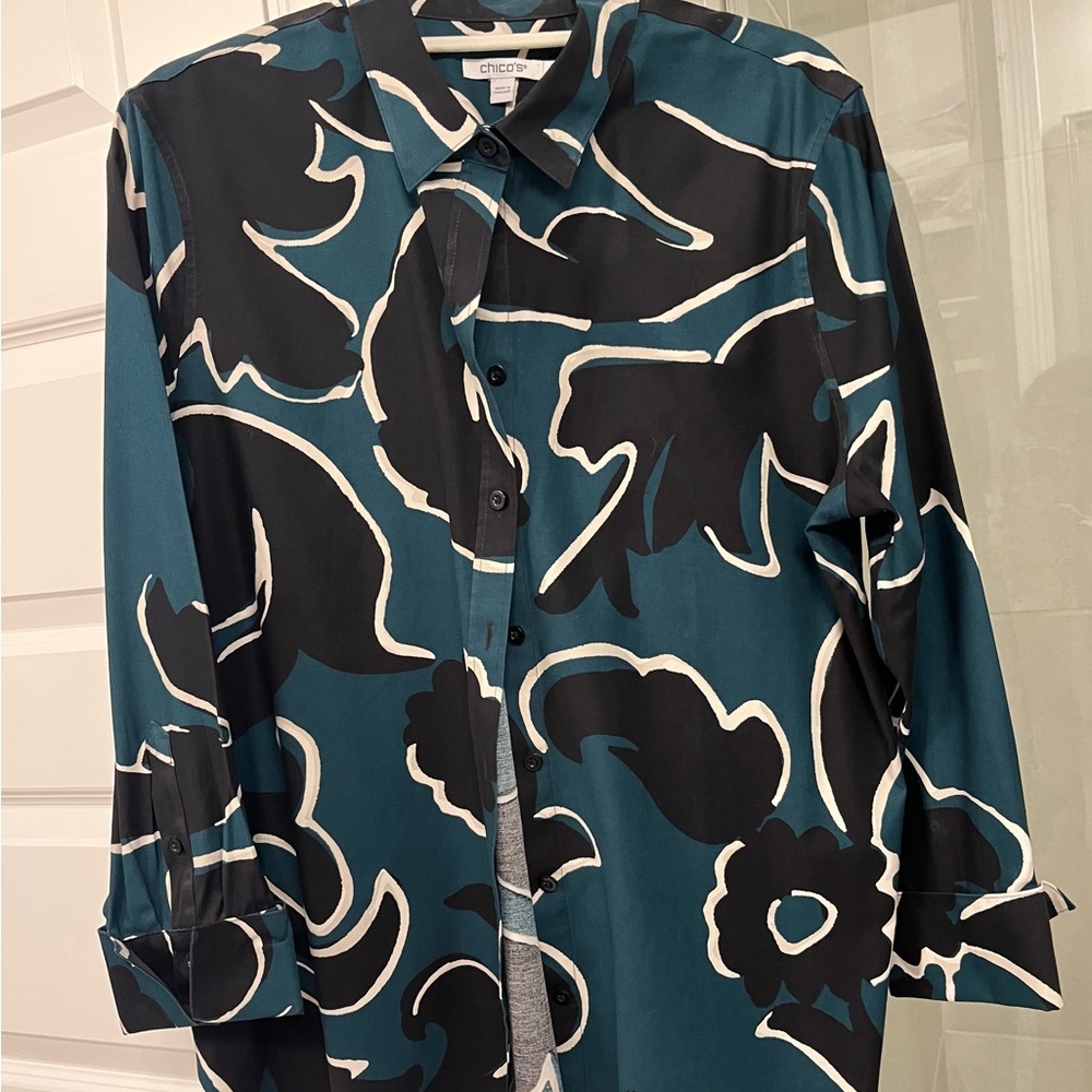 Chico's Teal and Black Patterned Shirt
